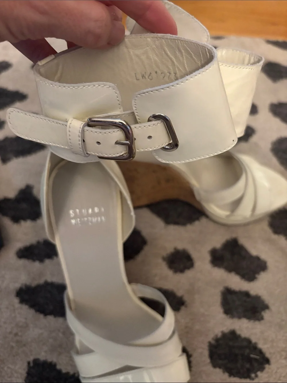 Stuart Weitzman Cream Patent Leather Strappy Ankle-Heel Sandals